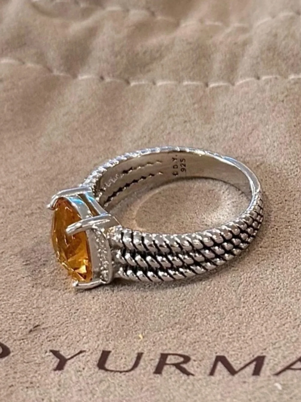 David Yurman Sterling Silver Citrine & Diamond Wheaton Ring Size 8